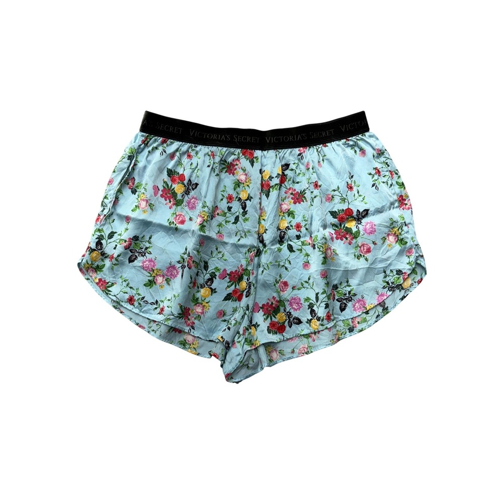 Victoria's Secret Sleep‎ Shorts Womens Small Blue Floral Silk Satin Logo Lounge